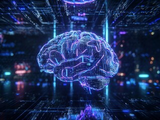 A neon blue purple glowing digital brain visualization with futuristic technology and artificial intelligence nuances.