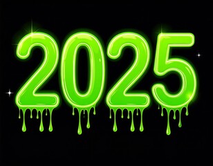 Bright green, dripping numbers for 2025 on black background