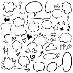 手描き風のふきだしのイラスト素材セット。白背景にベクターイラスト。