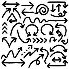 手描き風の矢印のイラスト素材セット。白背景にベクターイラスト。