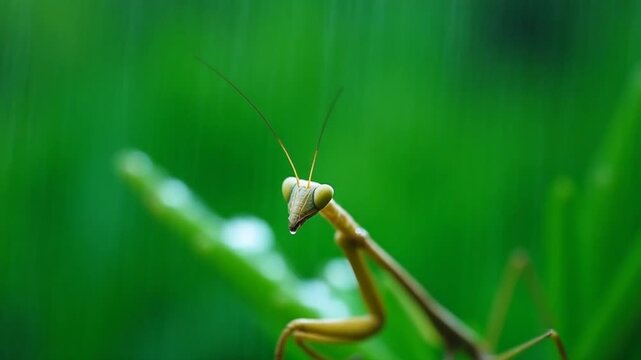 Close up of the praying mantis under the rain on a green forest background