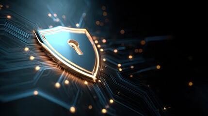 Digital Security Shield Concept in a Futuristic Background with Circuit Patterns and Glowing Lights