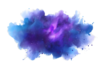 Abstract cloud of vibrant blue and purple watercolor on a transparent and white background with splash. Concept for digital art, cosmic background and creative design element