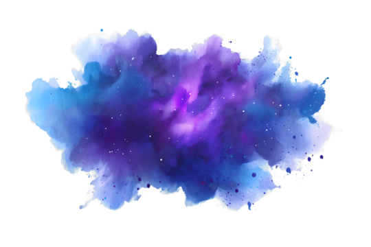 Abstract cloud of vibrant blue and purple watercolor on a transparent and white background with splash. Concept for digital art, cosmic background and creative design element
