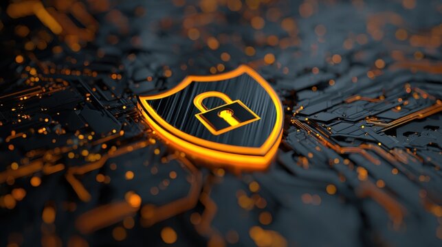 Dark Background with Shield Symbol Featuring Lock Icon, Concept of Cybersecurity and Data Protection in Digital Environment
