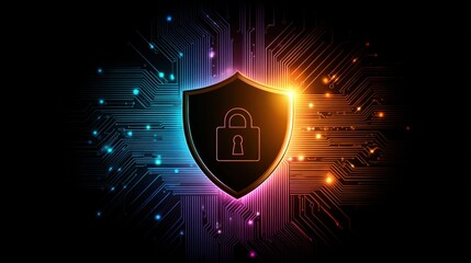 High-tech digital background with abstract shield symbolizing security and protection in a vibrant cyber environment with glowing circuits