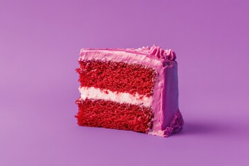 Single slice of red velvet cake with cream cheese frosting on purple background.