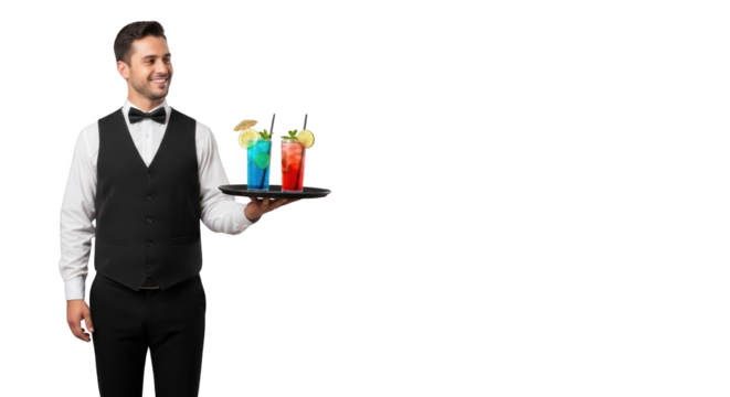 Waiter Serving Colorful Cocktails creative illustration featuring smiling, black, tray, bow tie, bartender, happy modern