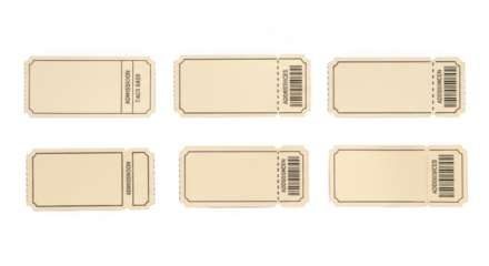 Six blank, beige tickets with perforated stubs are laid out in two rows on a transparent background