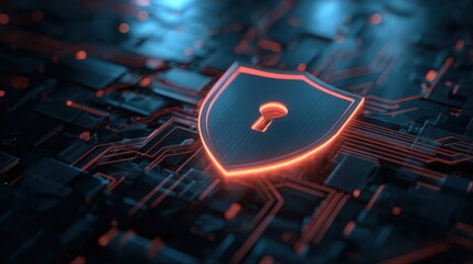 Digital Security Concept with Shield Symbol on Futuristic Background and Circuit Patterns Illuminated with Neon Lights