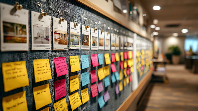 A close-up of a user journey map pinned on a design wall