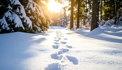 Footprints in snow lead into winter forest bathed in golden sunlight Peaceful journey.