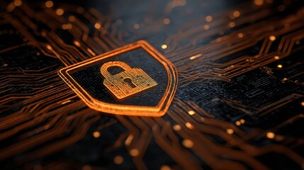 Secure Digital Lock Concept on Circuit Board Background in Orange and Black Colors, Representing Cybersecurity and Data Protection
