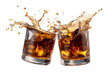 Two glasses clinking with amber liquid and ice, creating a dynamic splash against a dark background. Concept for celebrating success, beverage advertisement and festive toasting moments
