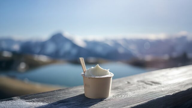 Culinary Travel & Dessert Photo: Cozy Ice Cream Cup on a Rustic Table with a Breathtaking Snowy Mountain and Lakeside Landscape, A Unique Winter Treat - Powered by Adobe