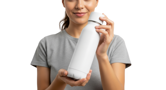 Woman Holding a White Water Bottle creative illustration featuring winter, photo, gym, marketing, beverage, sustainable modern concept design