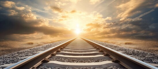Railroad tracks vanishing into a sunset.