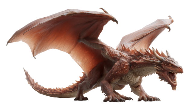 Detailed reddish-brown dragon with large wings spread, standing on a black background and roaring slightly. Concept for mythical creature illustrations, fantasy novel covers, and role-playing game