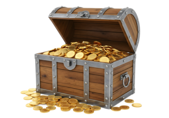Wooden treasure chest filled with shiny gold coins, vintage pirate style loot box symbolizing wealth, fortune, and adventure isolated on white background