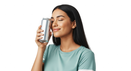 A young woman with her eyes closed gently holds a silver aluminum can to her cheek, conveying a sense of refreshment or satisfaction isolated on transparent background
