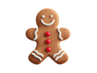 Smiling gingerbread man with white icing trim and red candy buttons isolated on a transparent and white background, concept for holiday baking, winter festivities and seasonal treats