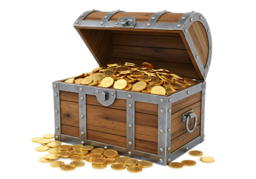 Wooden treasure chest filled with shiny gold coins, vintage pirate style loot box symbolizing wealth, fortune, and adventure isolated on white background