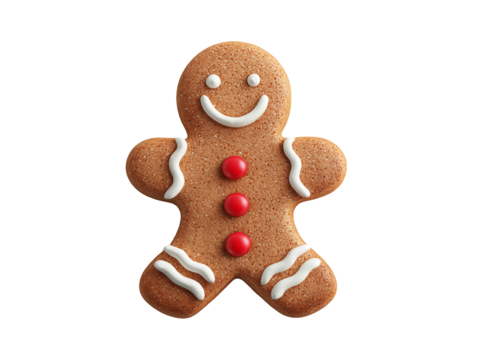 Smiling gingerbread man with white icing trim and red candy buttons isolated on a transparent and white background, concept for holiday baking, winter festivities and seasonal treats