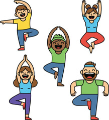 Fototapeta premium Playful Cartoon People Exercising in Fun Fitness Vector Illustration.