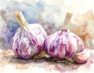 Watercolor Still Life of Two Bulbs of Garlic