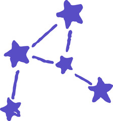 A simple illustration of a purple constellation with five stars connected by lines on a white background, in a hand-drawn style.