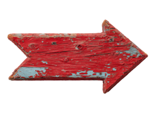 Distressed red wooden arrow sign with weathered paint pointing to the right on a transparent and white background. Concept for directional signage, wayfinding design and vintage style decoration