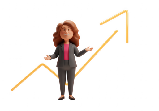 3d businesswoman standing next to a glowing upward trend arrow isolated on transparent background