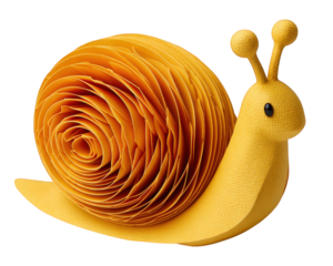 Yellow snail papercut style cute insect layered shell creative design cheerful expression isolated on white playful decorative whimsical art