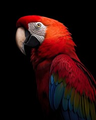 Fototapeta premium Scarlet macaw bird in black background tropical