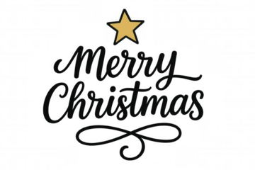 Merry christmas greeting black calligraphy with golden star, festive holiday lettering design on transparent background