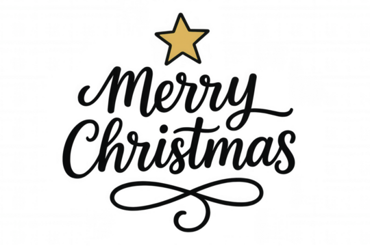 Merry christmas greeting black calligraphy with golden star, festive holiday lettering design on transparent background