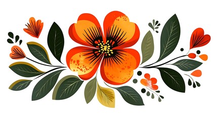 Orange Floral Pattern with Dark Green Leaves on White Background