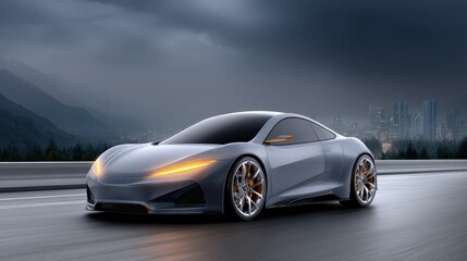 Fototapeta premium An Electric Vehicle Journeying on a Scenic Highway with a Glorious City Skyline: A Vision of Future Mobility and Urban Life