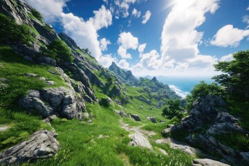 Obraz premium Sunny, lush mountain landscape with grassy slopes and rocky peaks