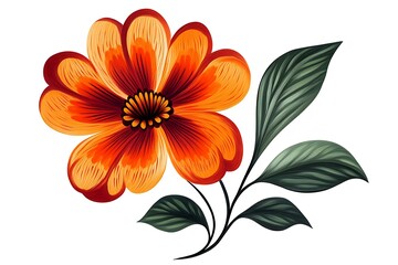 Orange Flower with Dark Green Leaves Botanical on White Background