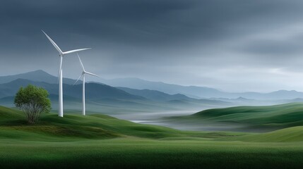 Obraz premium Exploring the Beauty of Wind Turbines Against a Vibrant Green Landscape Under a Bright Blue Sky