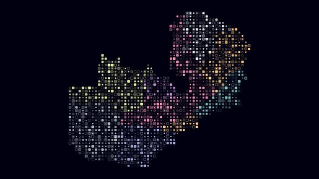 Zambia animated country shape. Pulsating colored dots on the map of the country. Small size rounded square blocks. Digital style Zambia map on dark background. Vibrant animation video.