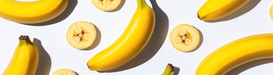 Yellow bananas and slices on white background.