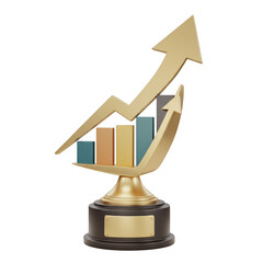 Golden trophy with upward trending bar chart and arrow symbolizing financial growth isolated on transparent background