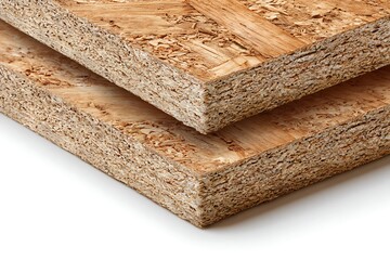 Oriented Strand Board CloseUp Stacked OSB Sheets Showing Texture and Composition on White Background