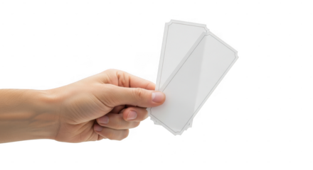 A persons hand is holding three blank white cards or tickets fanned out against a transparent background