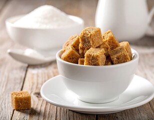 Brown sugar cubes in a white bowl on a wooden table