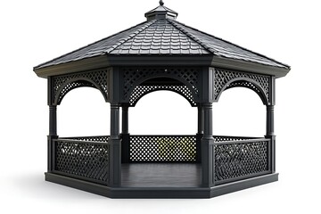 Ornamental Black Gazebo Structure with Lattice Railings and Tile Roof on White