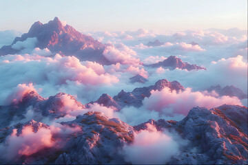 A breathtaking aerial view of majestic mountain peaks emerging from a sea of soft, fluffy clouds at sunrise.