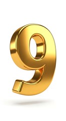 A gleaming, three-dimensional gold number nine stands out against a plain white background.